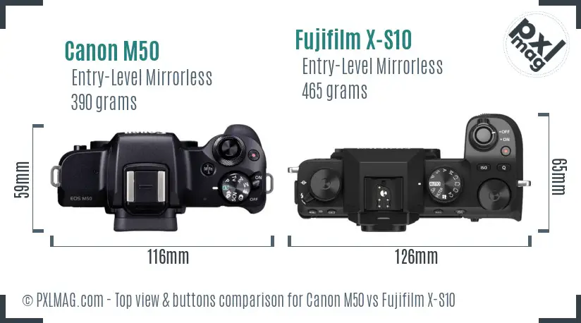 Canon M50 vs Fujifilm X-S10 top view buttons comparison