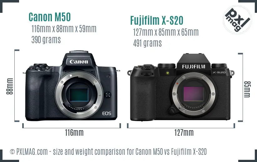 Canon M50 vs Fujifilm X-S20 size comparison