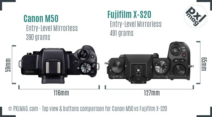 Canon M50 vs Fujifilm X-S20 top view buttons comparison