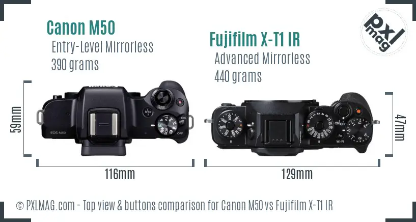 Canon M50 vs Fujifilm X-T1 IR top view buttons comparison