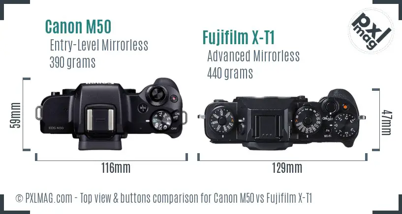 Canon M50 vs Fujifilm X-T1 top view buttons comparison