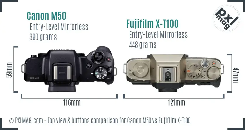 Canon M50 vs Fujifilm X-T100 top view buttons comparison