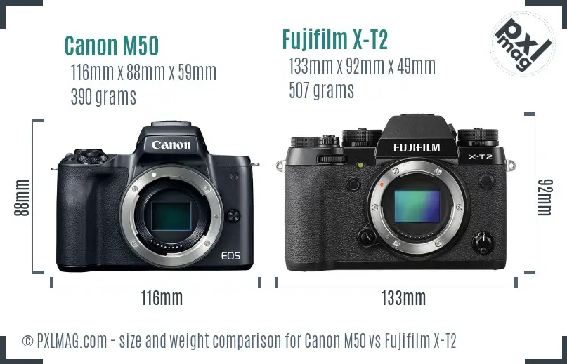 Canon M50 vs Fujifilm X-T2 size comparison
