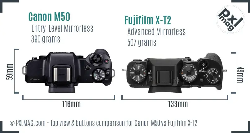 Canon M50 vs Fujifilm X-T2 top view buttons comparison