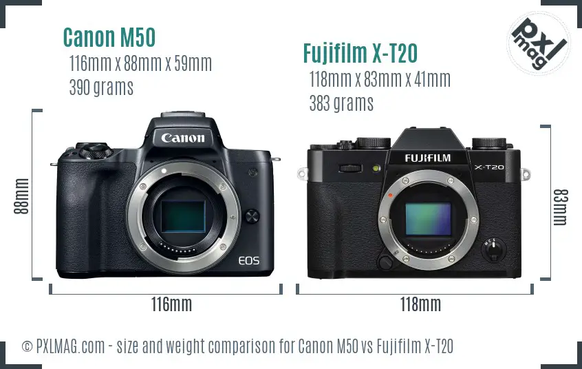 Canon M50 vs Fujifilm X-T20 size comparison