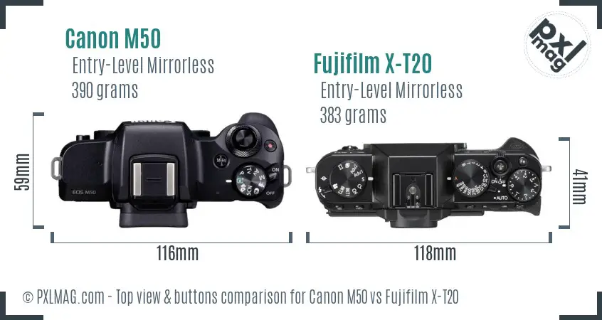 Canon M50 vs Fujifilm X-T20 top view buttons comparison