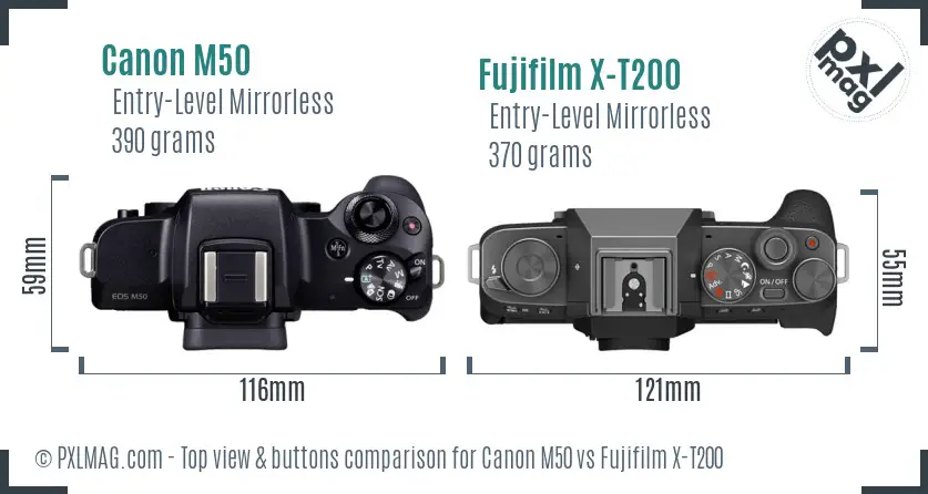 Canon M50 vs Fujifilm X-T200 top view buttons comparison