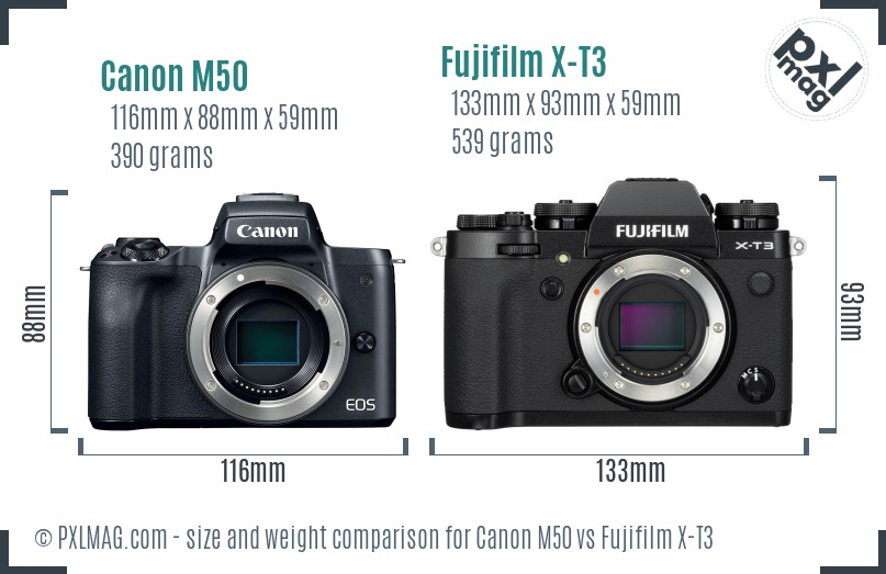 Canon M50 vs Fujifilm X-T3 size comparison