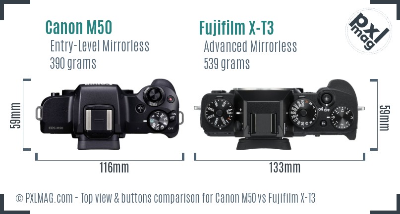 Canon M50 vs Fujifilm X-T3 top view buttons comparison