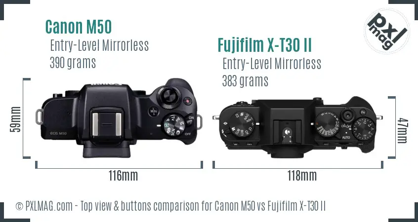 Canon M50 vs Fujifilm X-T30 II top view buttons comparison