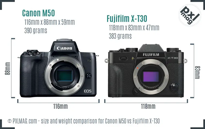 Canon M50 vs Fujifilm X-T30 size comparison