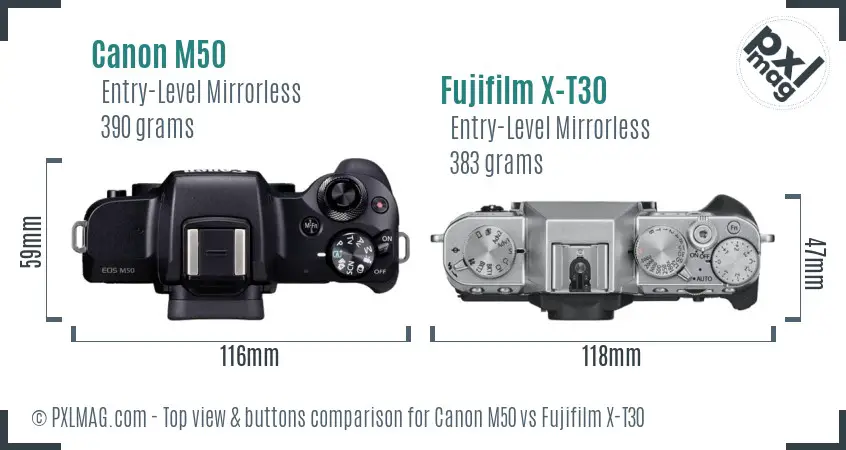 Canon M50 vs Fujifilm X-T30 top view buttons comparison