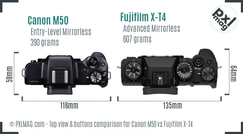 Canon M50 vs Fujifilm X-T4 top view buttons comparison Canon M50 vs Fujifilm X-T4 top view buttons comparison