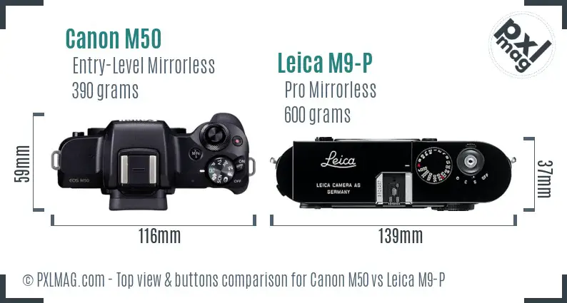 Canon M50 vs Leica M9-P top view buttons comparison Canon M50 vs Leica M9-P top view buttons comparison