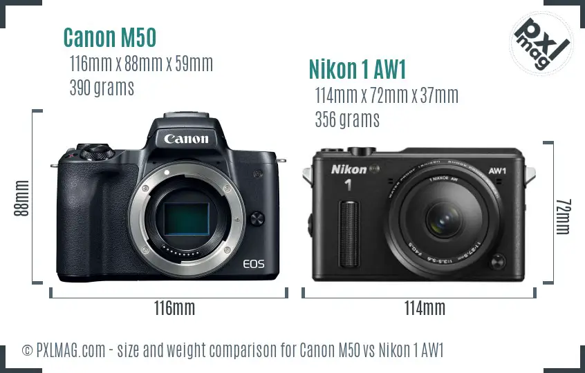 Canon M50 vs Nikon 1 AW1 size comparison