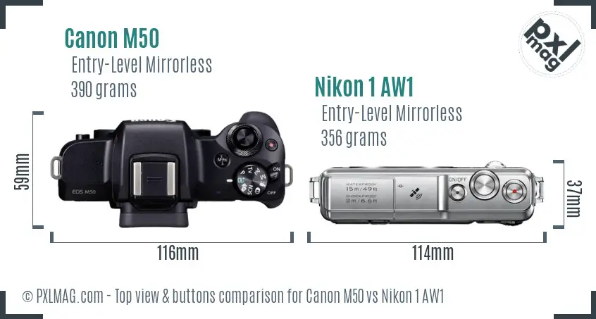 Canon M50 vs Nikon 1 AW1 top view buttons comparison