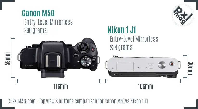 Canon M50 vs Nikon 1 J1 top view buttons comparison