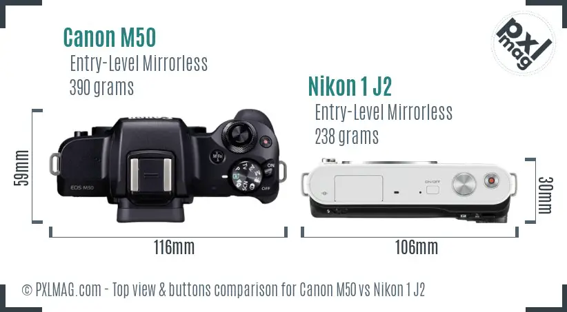 Canon M50 vs Nikon 1 J2 top view buttons comparison