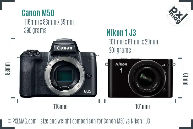 Canon M50 vs Nikon 1 J3 size comparison