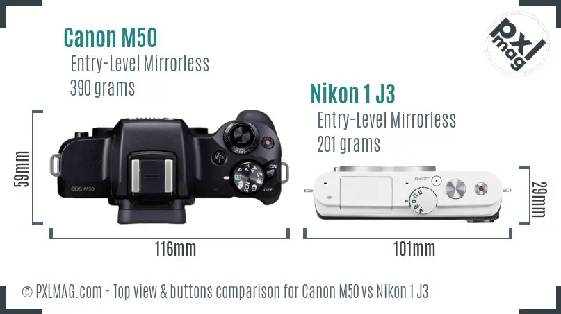 Canon M50 vs Nikon 1 J3 top view buttons comparison