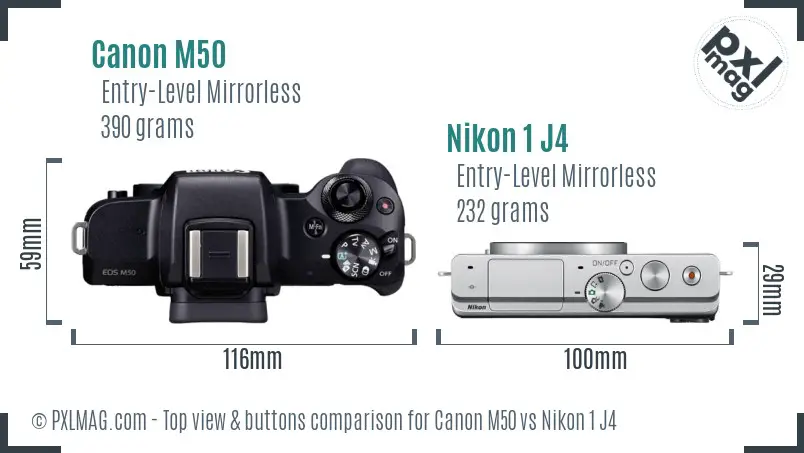 Canon M50 vs Nikon 1 J4 top view buttons comparison