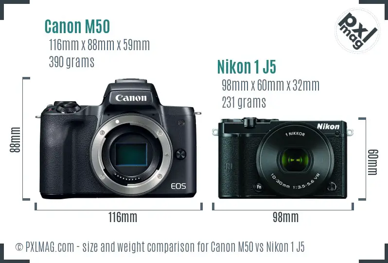 Canon M50 vs Nikon 1 J5 size comparison