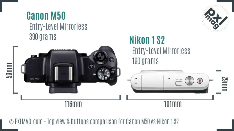 Canon M50 vs Nikon 1 S2 top view buttons comparison