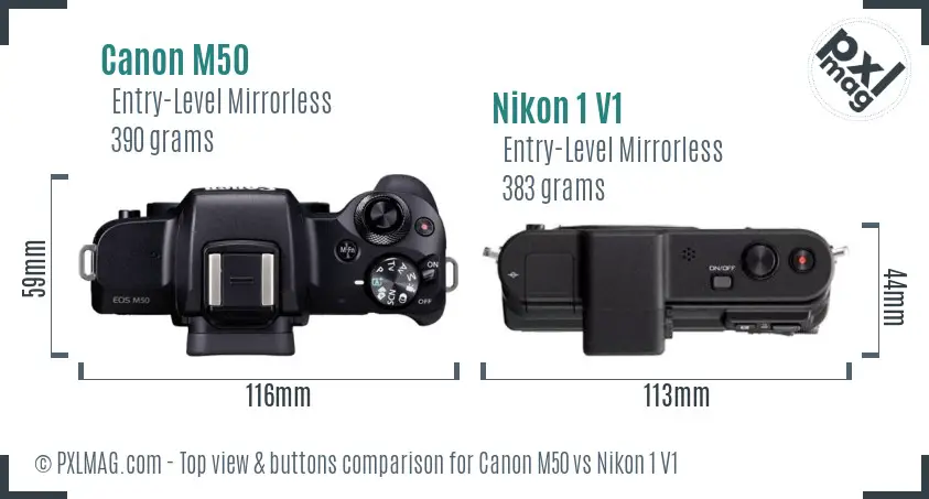 Canon M50 vs Nikon 1 V1 top view buttons comparison