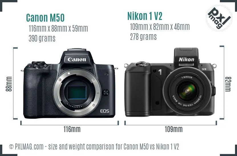 Canon M50 vs Nikon 1 V2 size comparison