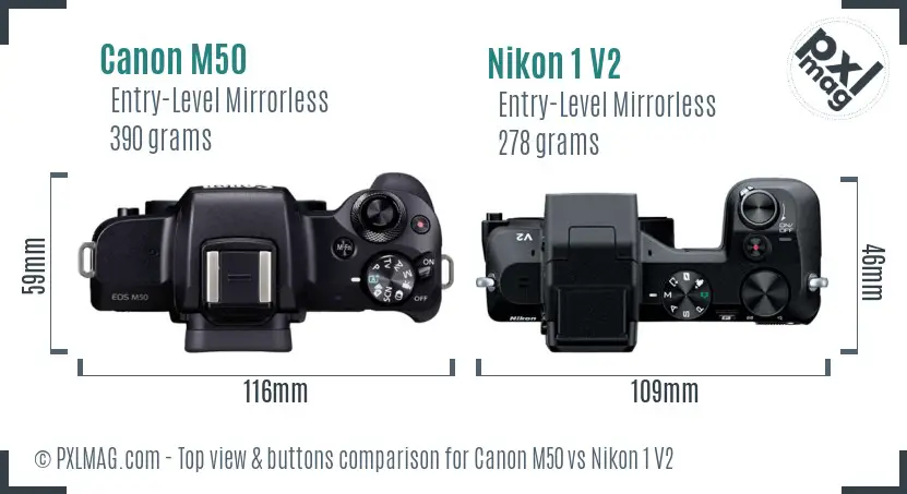 Canon M50 vs Nikon 1 V2 top view buttons comparison