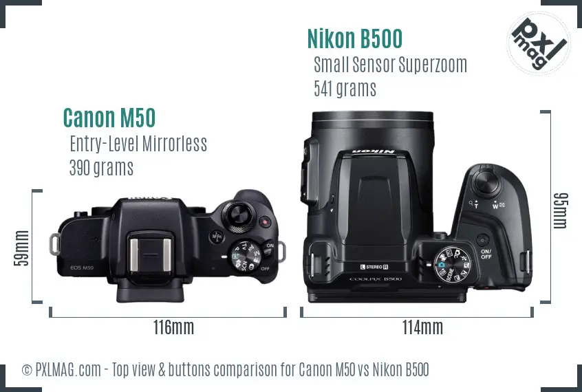 Canon M50 vs Nikon B500 top view buttons comparison