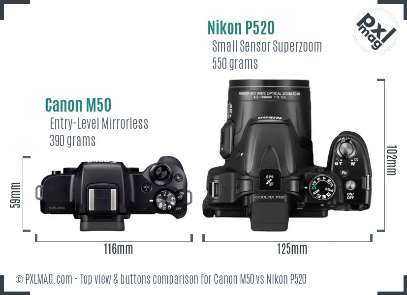 Canon M50 vs Nikon P520 top view buttons comparison