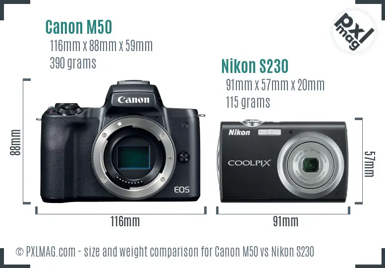 Canon M50 vs Nikon S230 size comparison
