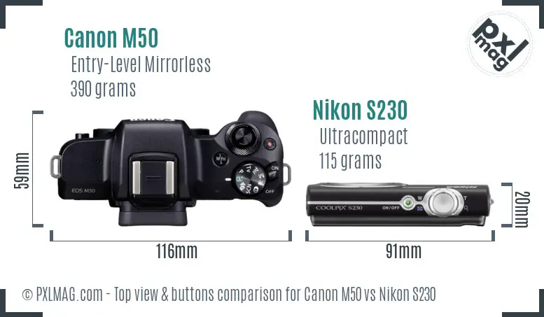 Canon M50 vs Nikon S230 top view buttons comparison