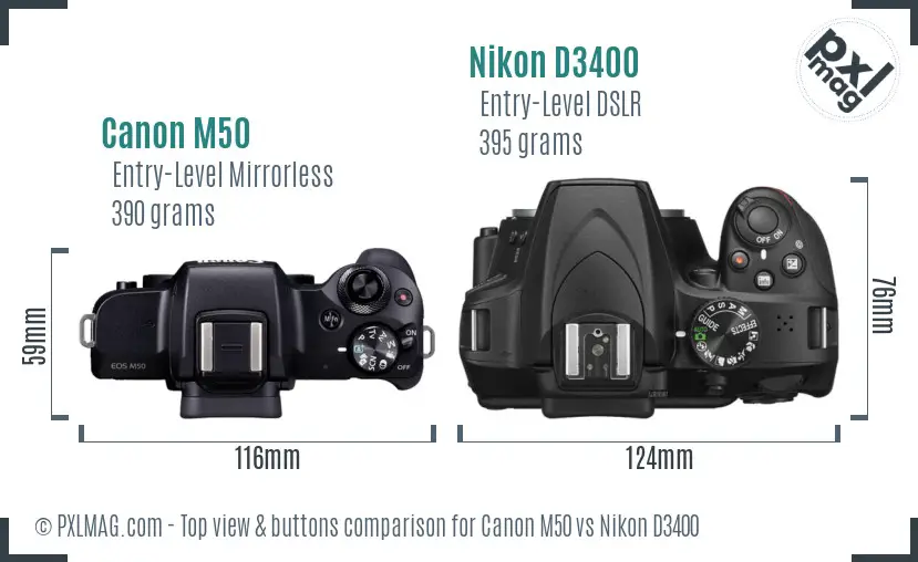 Canon M50 vs Nikon D3400 top view buttons comparison Canon M50 vs Nikon D3400 top view buttons comparison