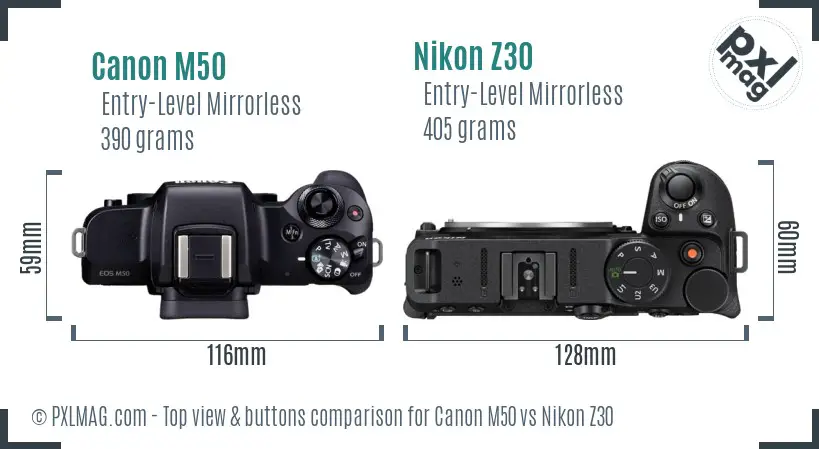 Canon M50 vs Nikon Z30 top view buttons comparison