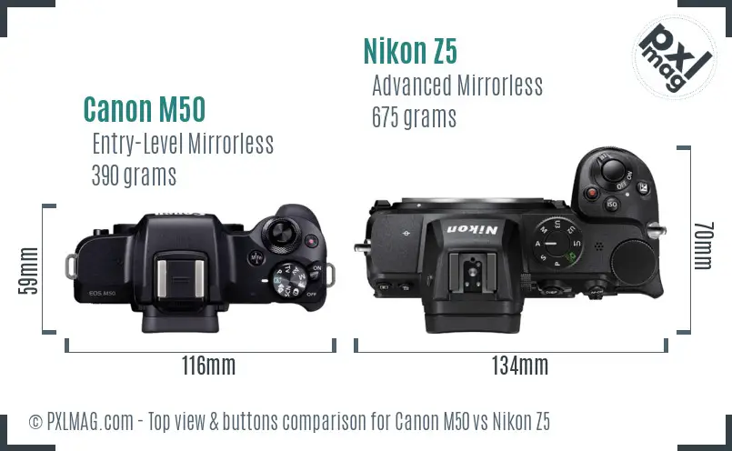 Canon M50 vs Nikon Z5 top view buttons comparison