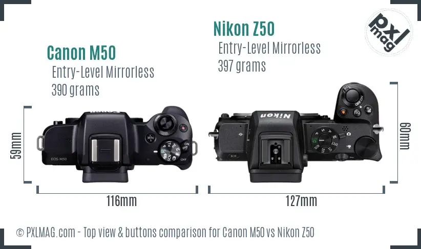 Canon M50 vs Nikon Z50 top view buttons comparison