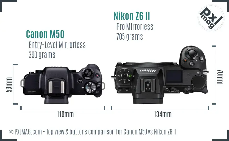 Canon M50 vs Nikon Z6 II top view buttons comparison
