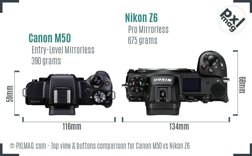 Canon M50 vs Nikon Z6 top view buttons comparison