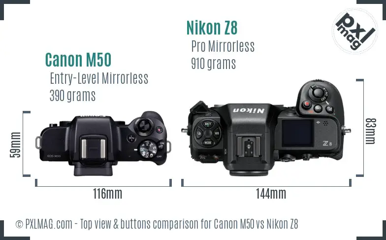 Canon M50 vs Nikon Z8 top view buttons comparison