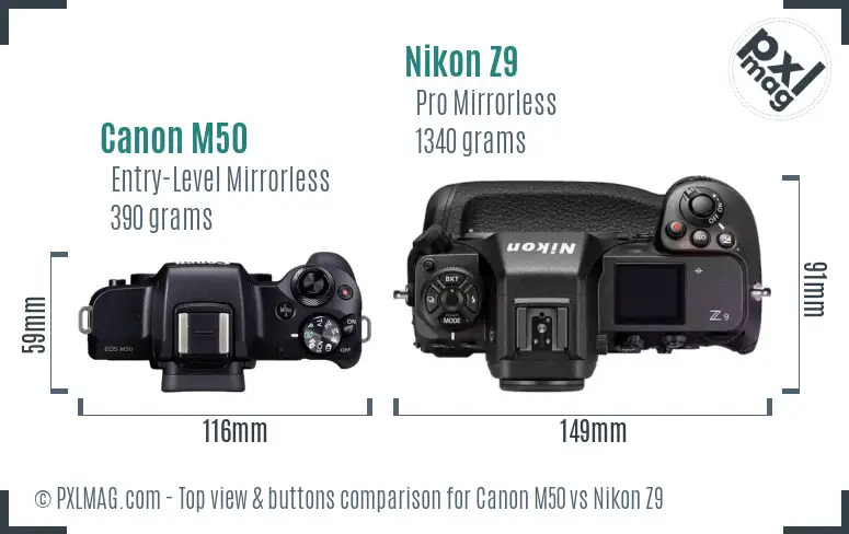 Canon M50 vs Nikon Z9 top view buttons comparison Canon M50 vs Nikon Z9 top view buttons comparison