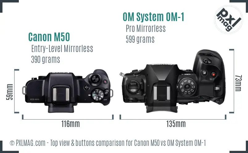 Canon M50 vs OM System OM-1 top view buttons comparison