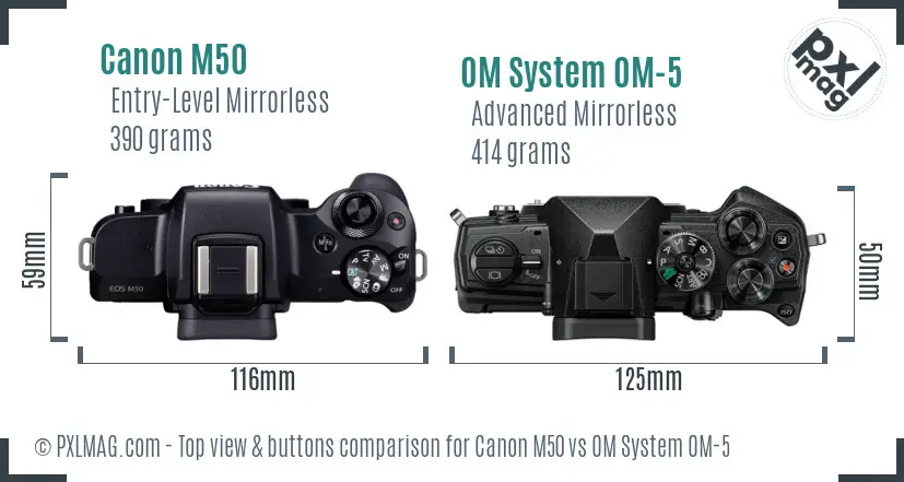 Canon M50 vs OM System OM-5 top view buttons comparison