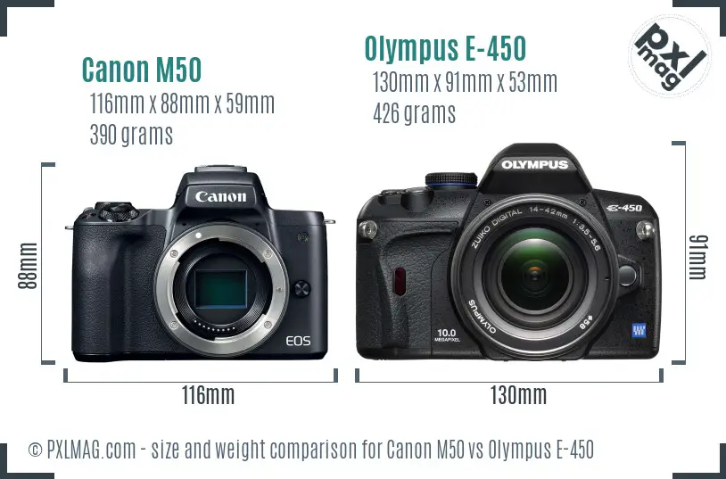 Canon M50 vs Olympus E-450 size comparison
