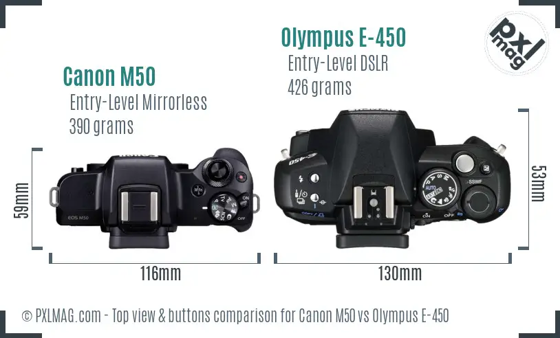 Canon M50 vs Olympus E-450 top view buttons comparison