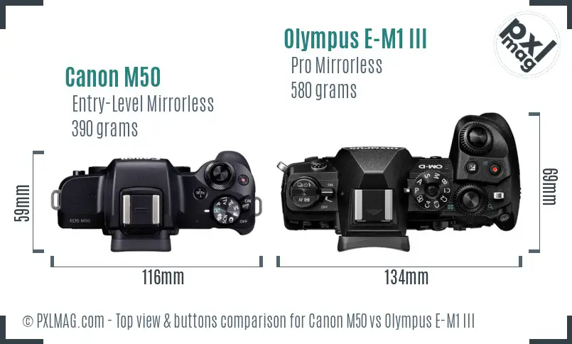 Canon M50 vs Olympus E-M1 III top view buttons comparison