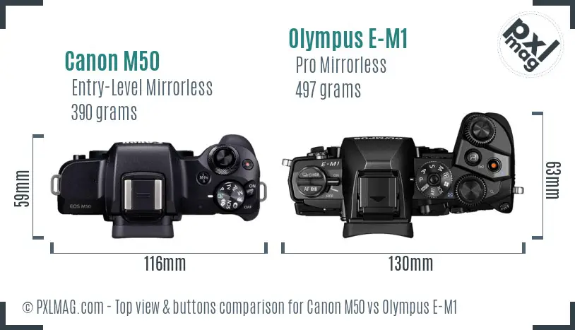 Canon M50 vs Olympus E-M1 top view buttons comparison