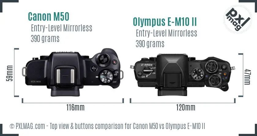 Canon M50 vs Olympus E-M10 II top view buttons comparison