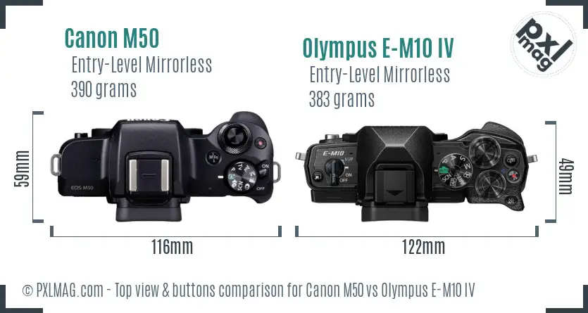 Canon M50 vs Olympus E-M10 IV top view buttons comparison